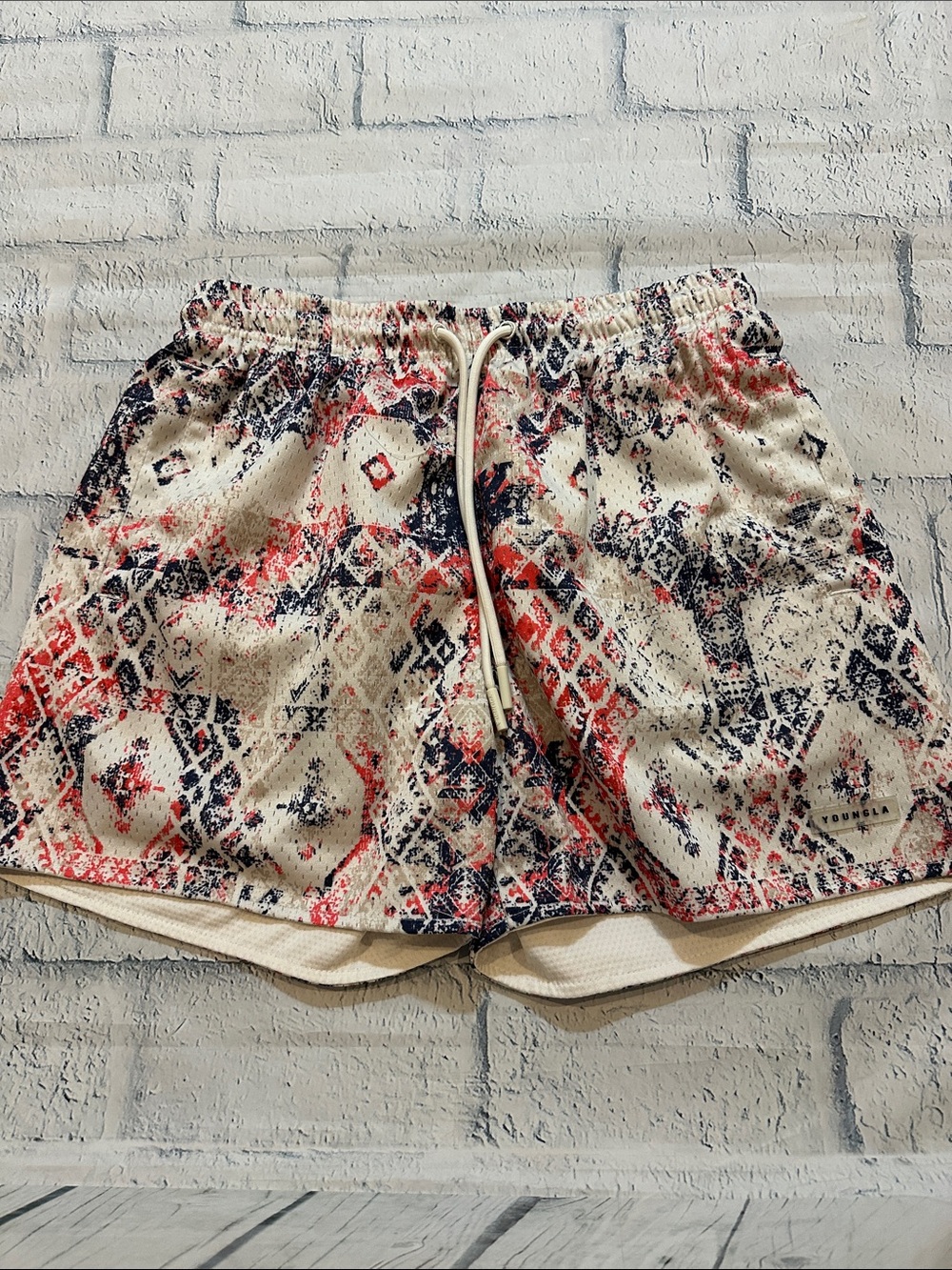 Reversible YoungLA Printed Perforated Athletic Shorts - Red, Navy & White